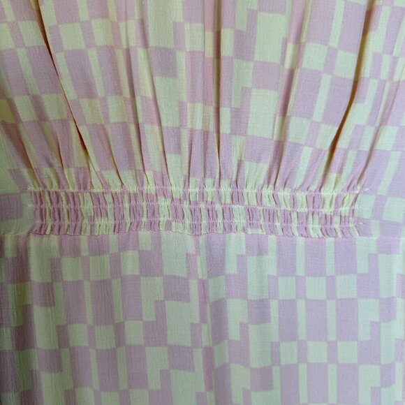 Club Monaco Pink Cream Check Print Puff Sleeve Shark Bite Hem Midi Dress Size 12 - Picture 9 of 16